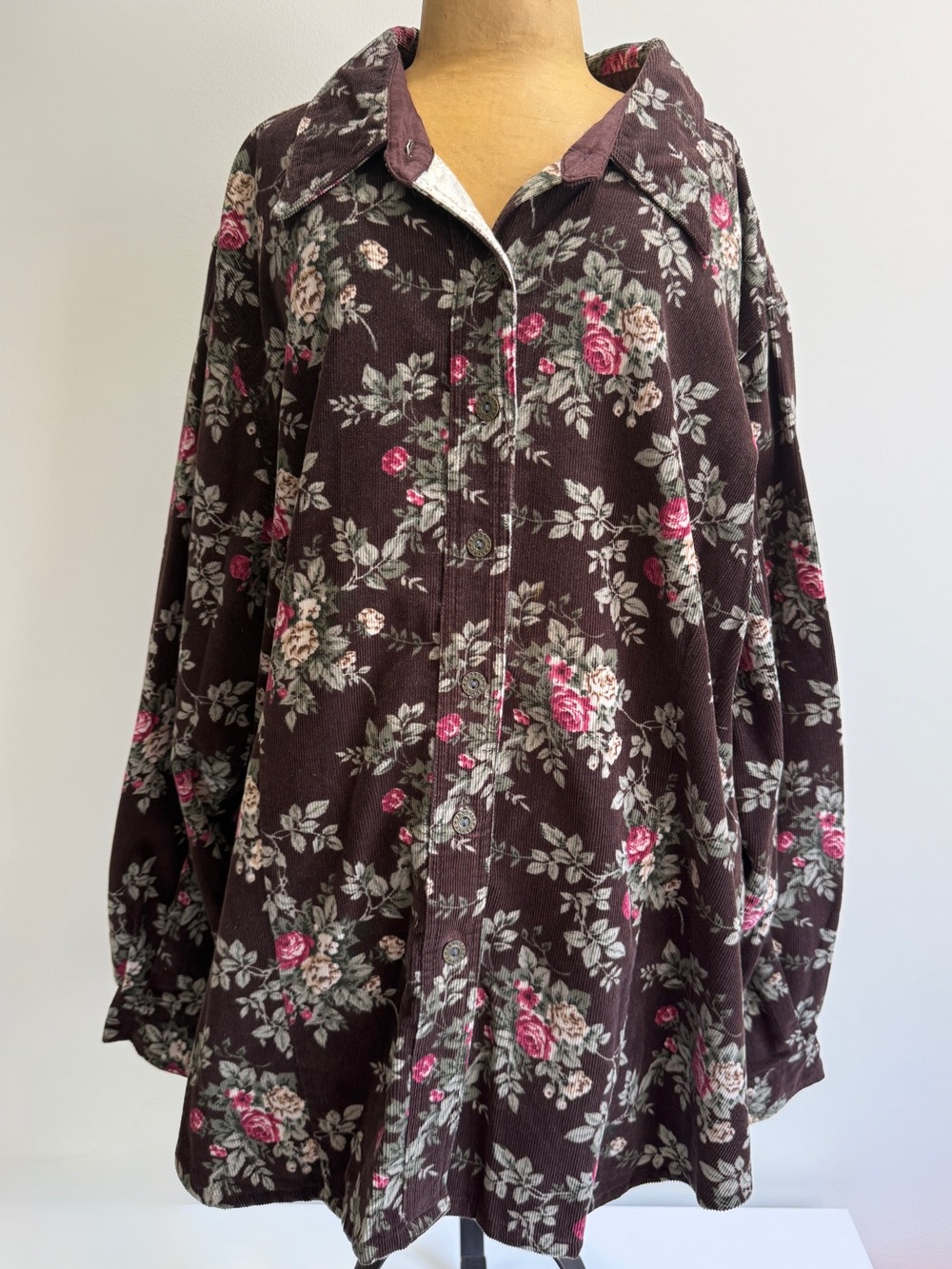 vintage Venezia Brown Floral corduroy Shirt with Pink Roses size 22/24